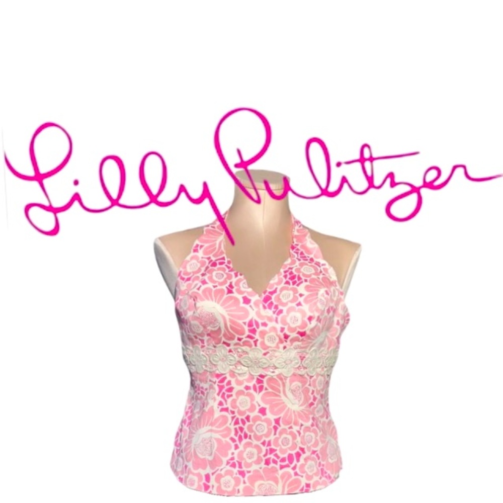 🌺 Lilly Pulitzer Vintage White Label Pink/White Floral Halter Top Size 12 - EUC